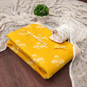Yellow Cotton Blend Floral Printed Dress Material