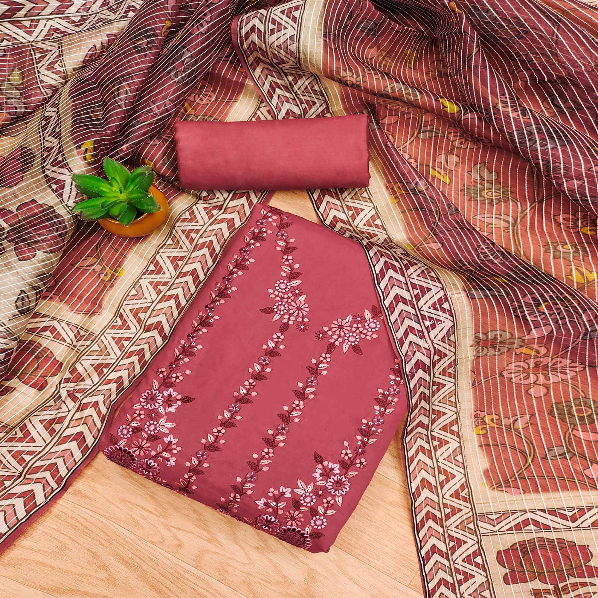 Gajari Pink Floral Embroidered Chanderi Silk Dress Material