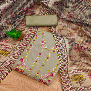 Grey Floral Embroidered Chanderi Silk Dress Material