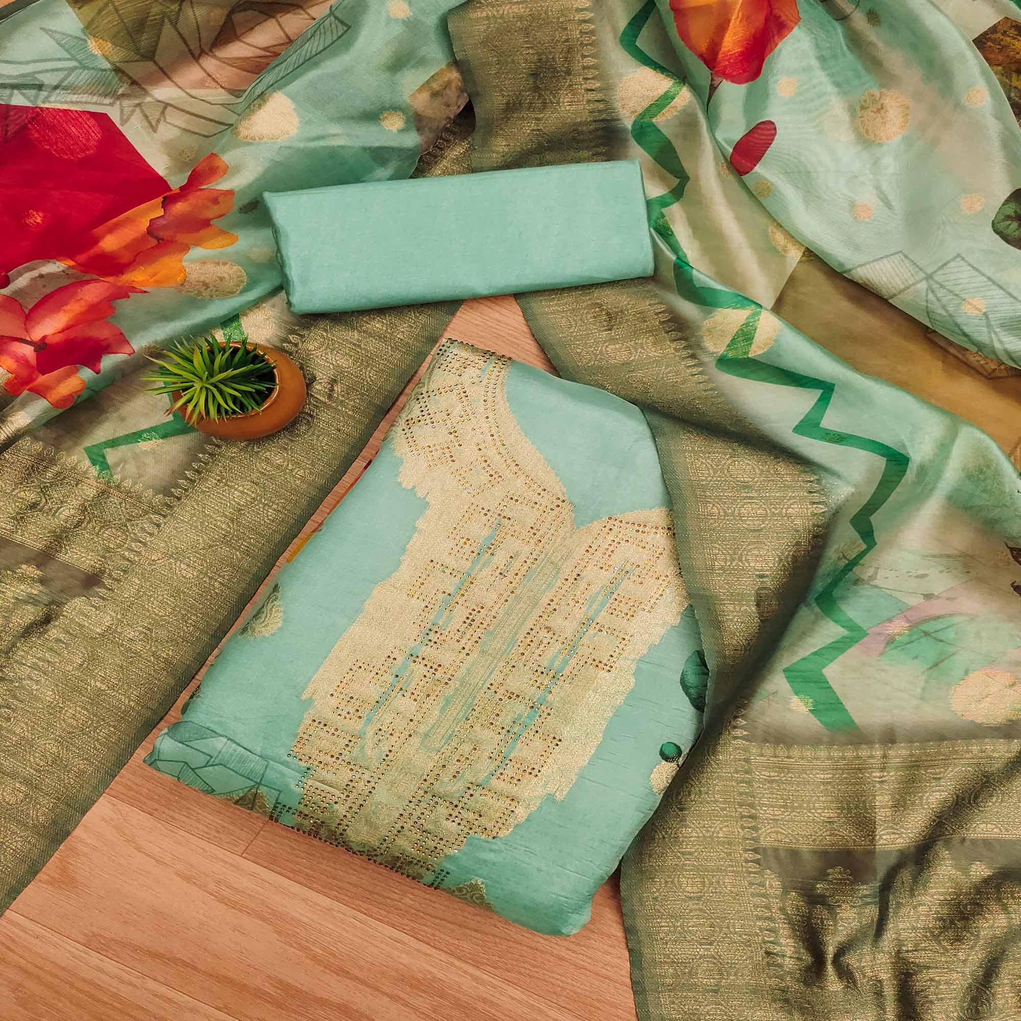 Sea Green Woven With Digital Printed & Swarovski Organza Dress Material