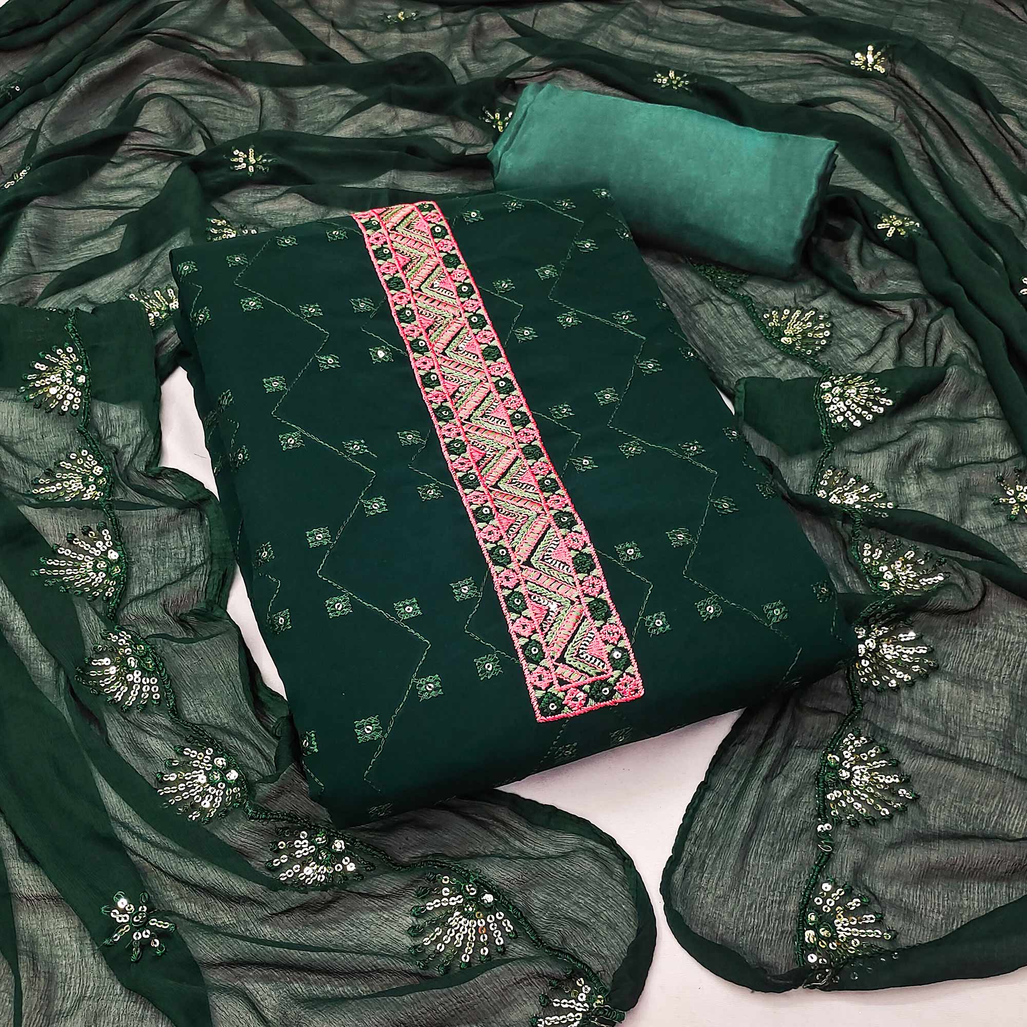 Green Sequins Embroidered Georgette Dress Material