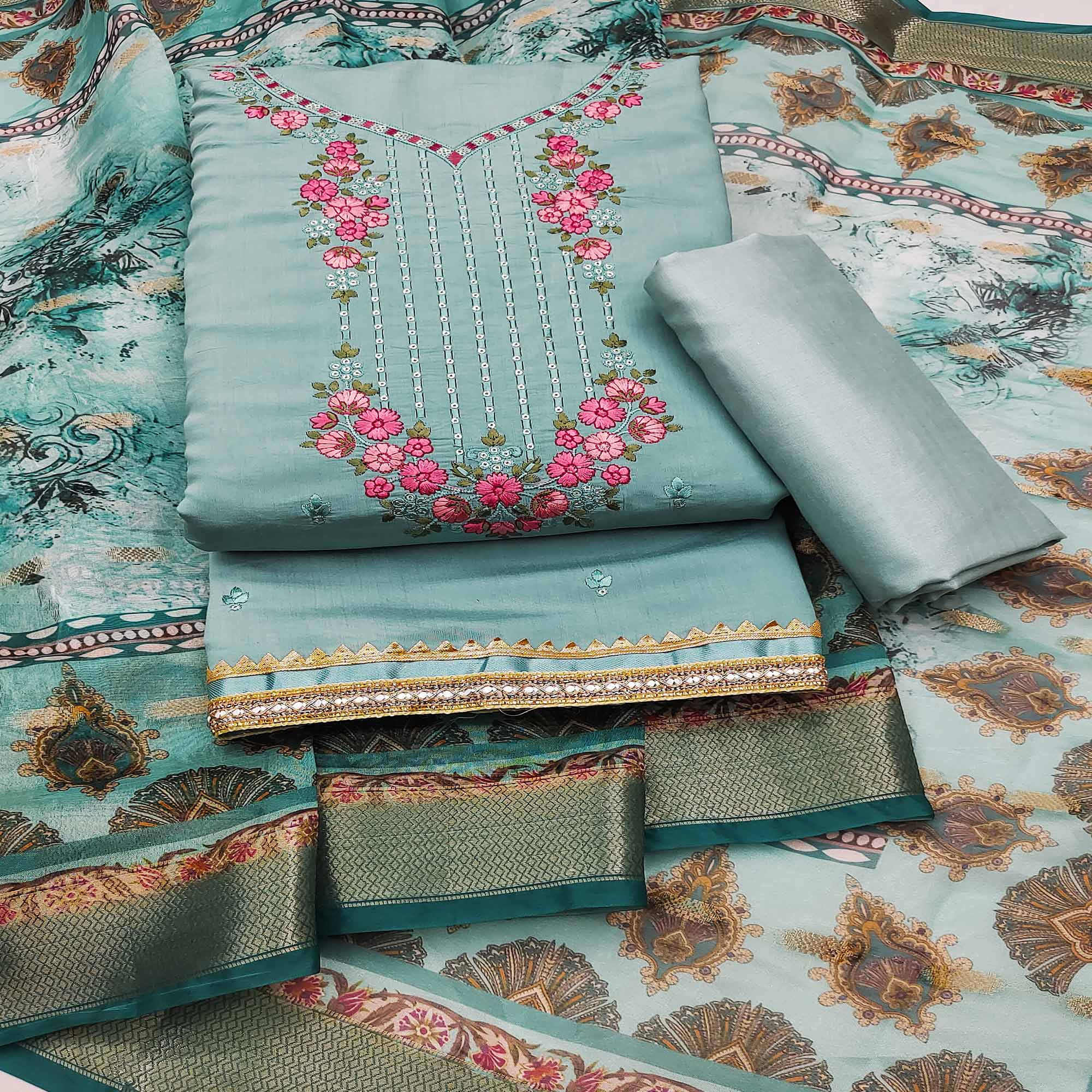 Sky Blue Floral Sequins Embroidered Chanderi Silk Dress Material