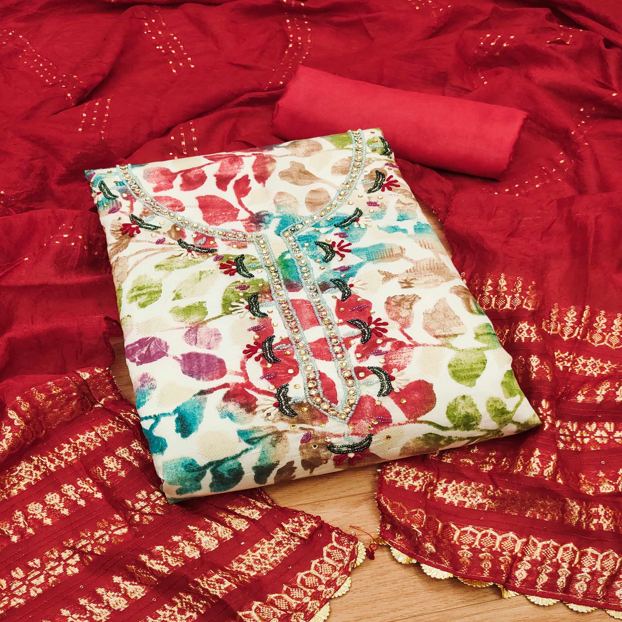 Maroon Floral Foil Printed With Handwork Modal Cotton Silk Dress Material