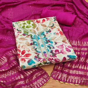 Rani Pink Floral Foil Printed With Handwork Modal Cotton Silk Dress Material