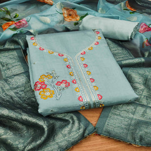 Blue Floral Sequins Embroidered Cotton Roman Silk Dress Material