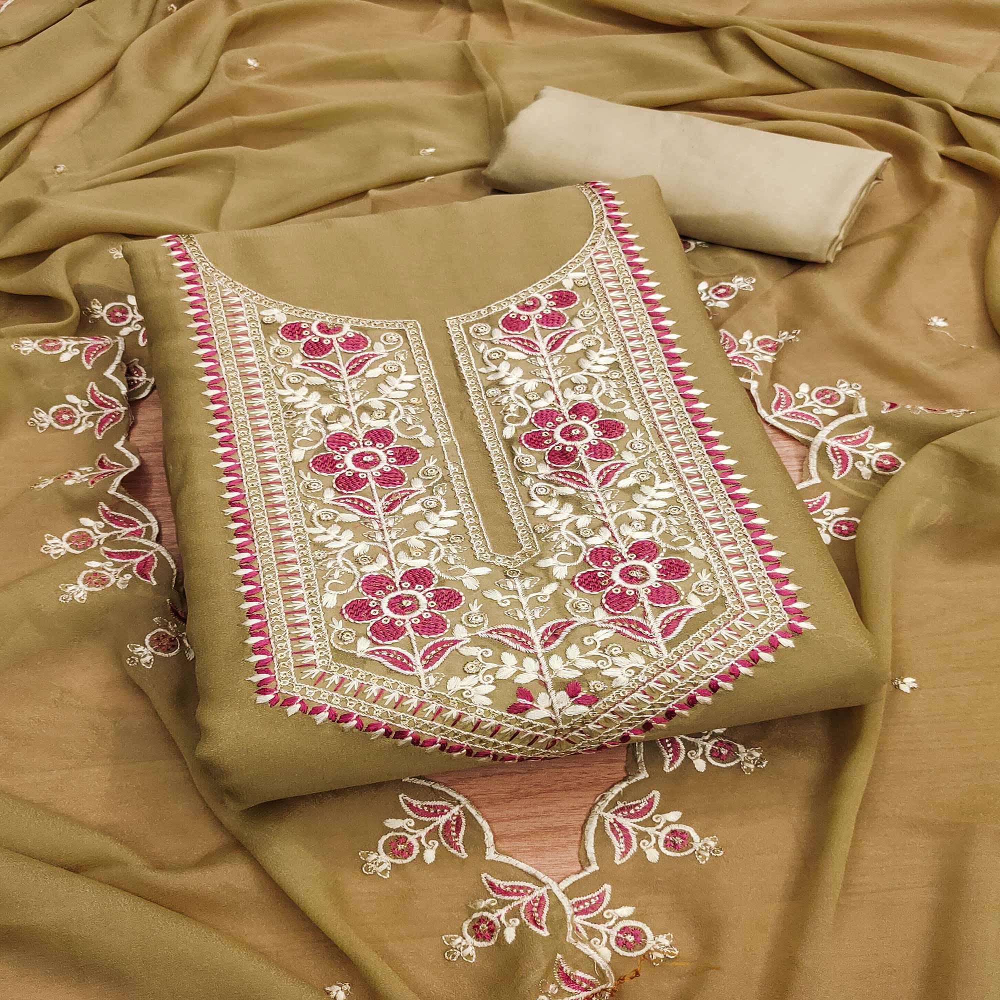 Chikoo Floral Sequins Embroidered Georgette Dress Material