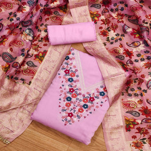 Pink Floral Embroidered Roman Cottom Silk Dress Material