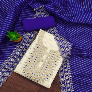 Off White & Blue Embroidered Chanderi Dress Material