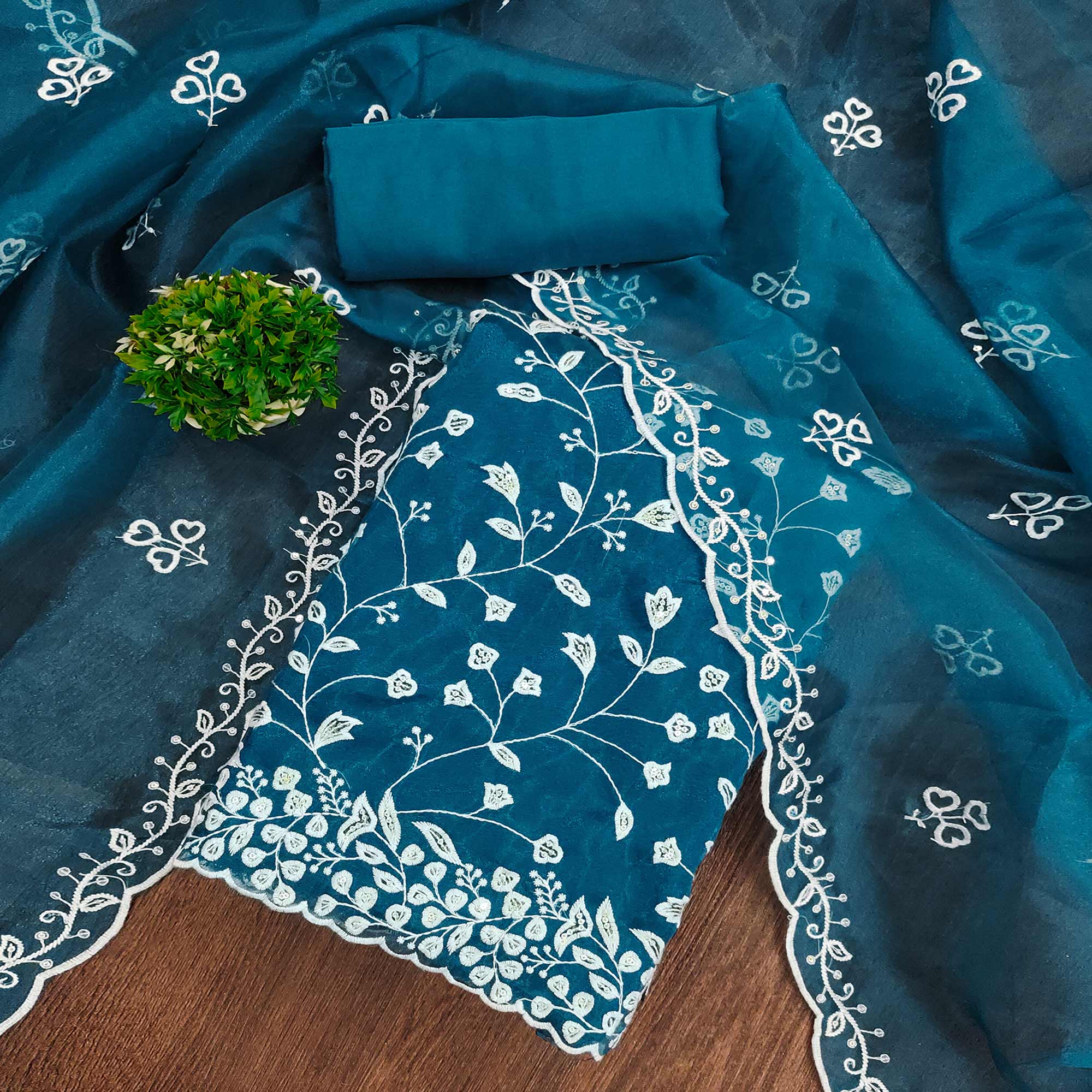 Morpich Floral Sequins Embroidered Organza Dress Material