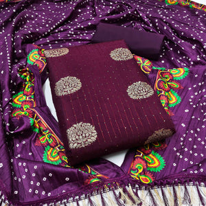 Wine Sequins Embroidered With Woven Jacquard Dress Material