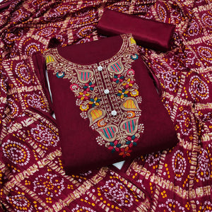Maroon Floral Woven Chanderi Jacquard Dress Material
