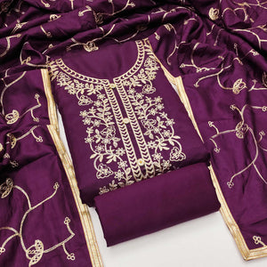 Wine Floral Embroidered Art Silk Dress Material