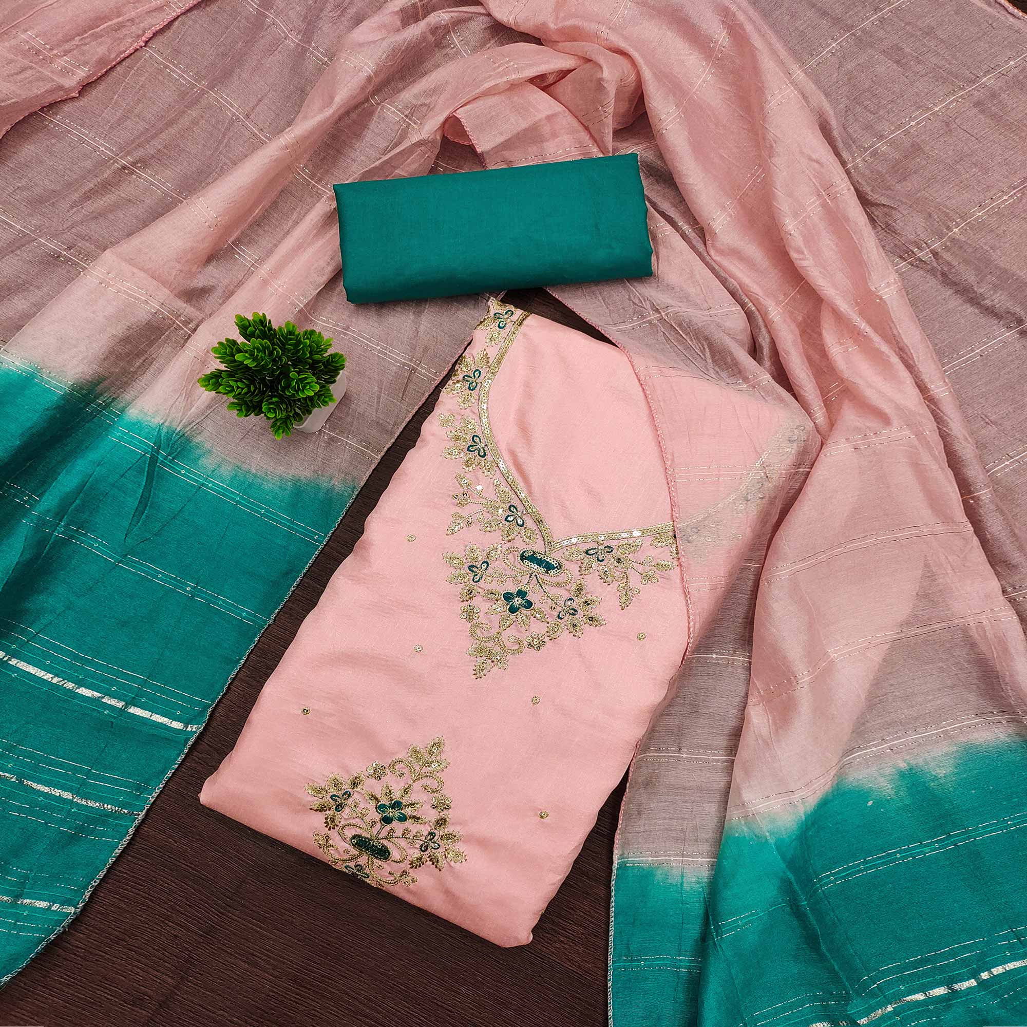 Peach Floral Sequins Embroidered Art Silk Dress Material