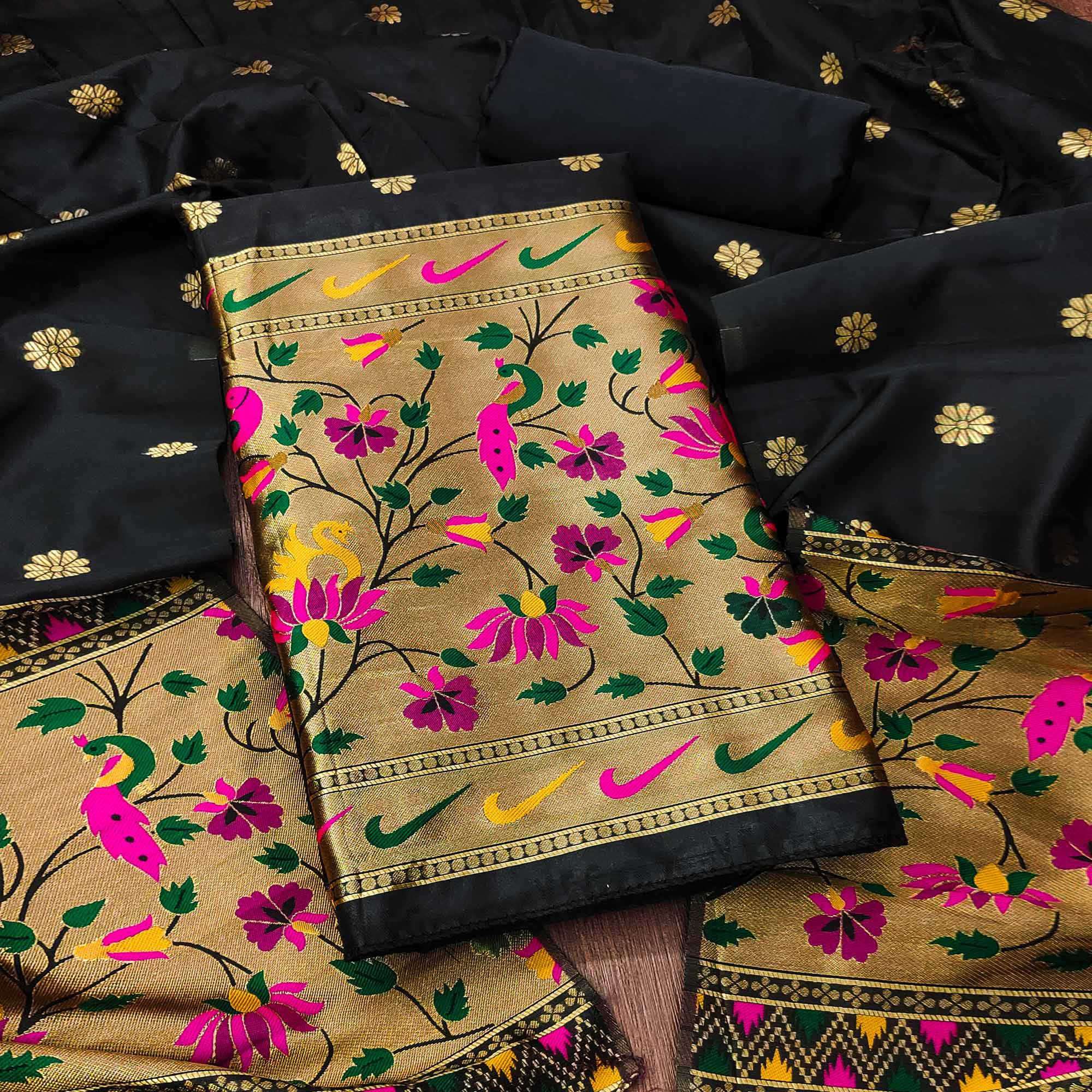 Black Floral Woven Paithani Banarasi Silk Dress Material