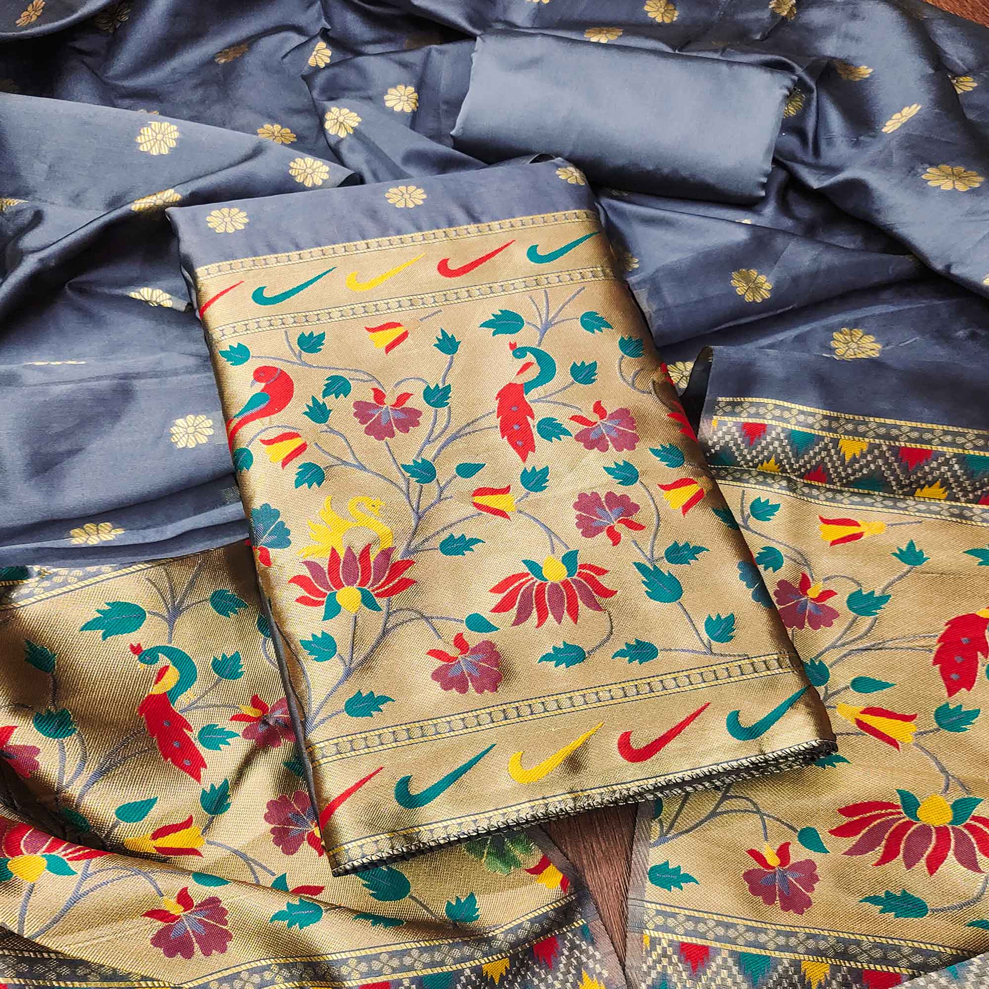 Grey Floral Woven Paithani Banarasi Silk Dress Material