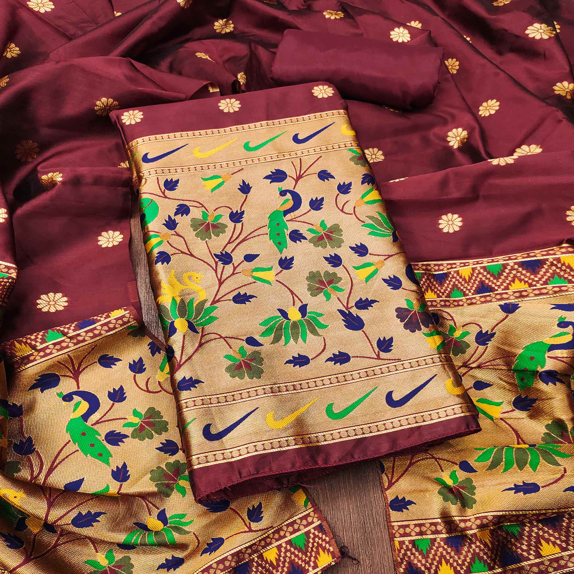 Maroon Floral Woven Paithani Banarasi Silk Dress Material