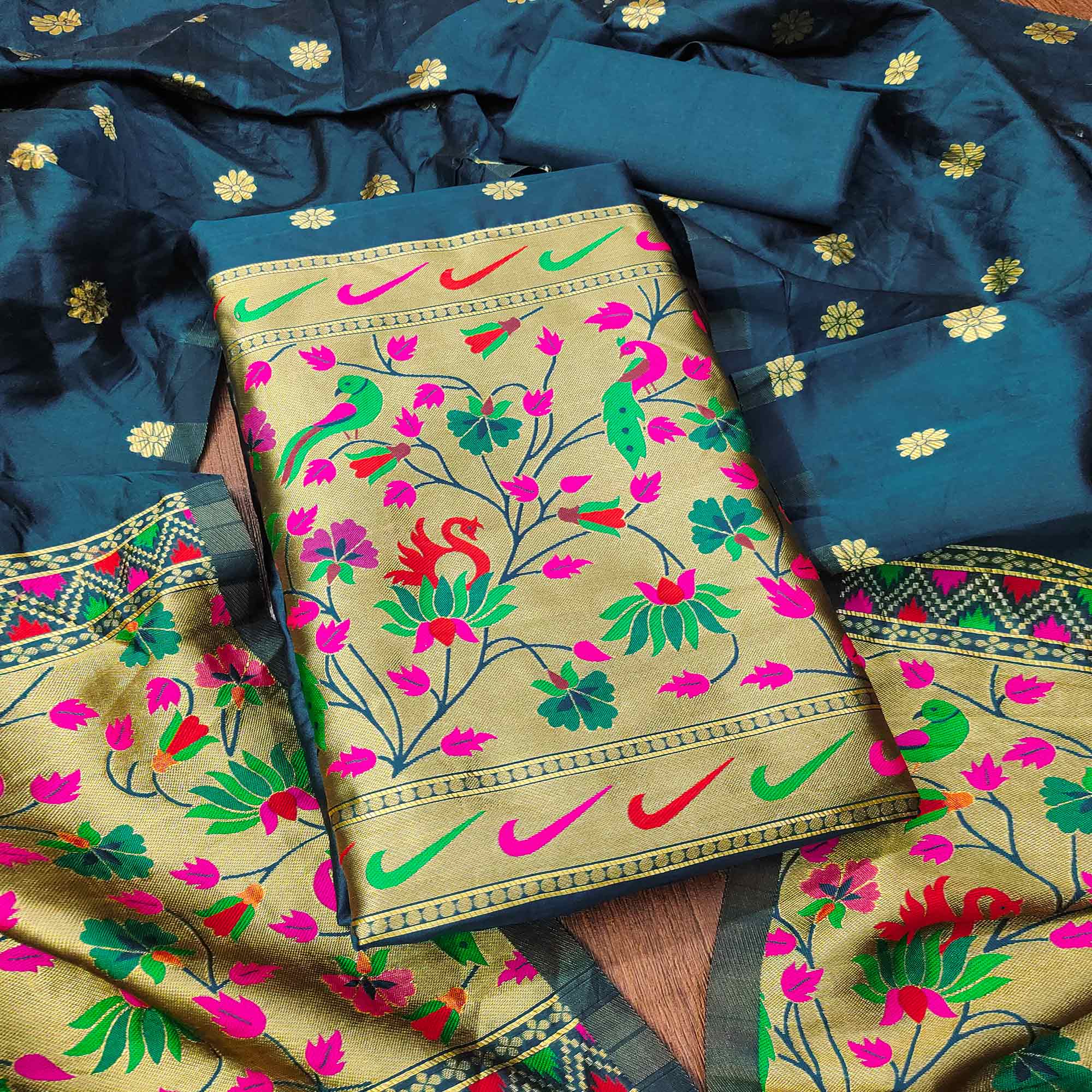 Morpich Blue Floral Woven Paithani Banarasi Silk Dress Material