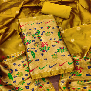 Mustard Floral Woven Paithani Banarasi Silk Dress Material
