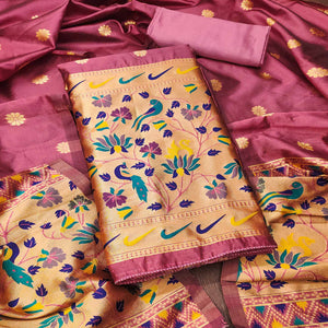 Onion Pink Floral Woven Paithani Banarasi Silk Dress Material