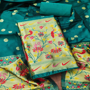 Rama Green Floral Woven Paithani Banarasi Silk Dress Material