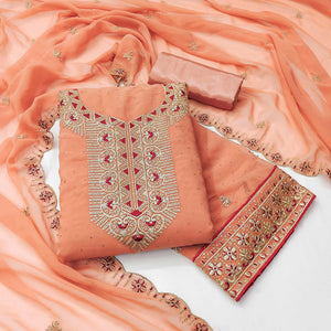 Peach Floral Embroidered With Stonework Georgette Dress Material