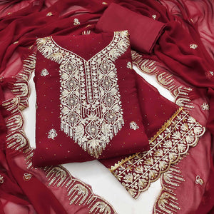Maroon Floral Embroidered With Stonework Georgette Dress Material