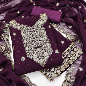 Wine Floral Embroidered With Stonework Georgette Dress Material