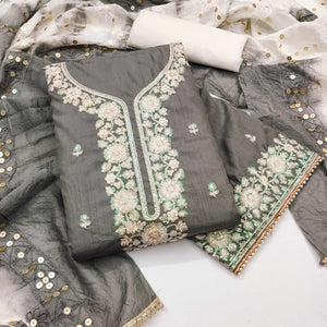 Grey Floral Sequins Embroidered Art Silk Dress Material