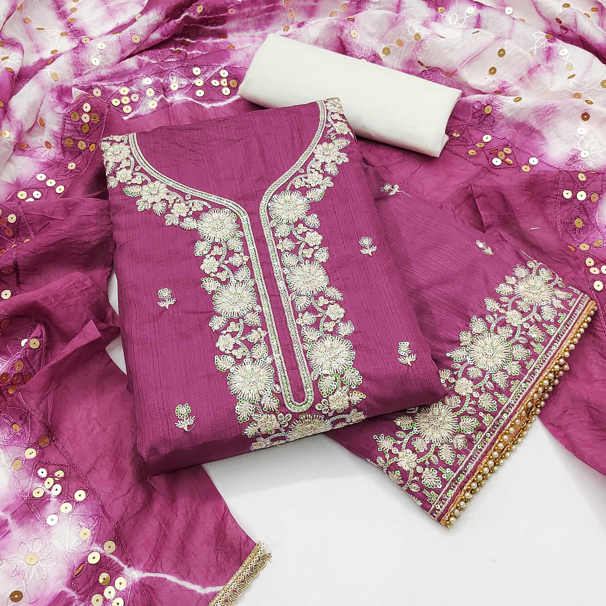 Purple Floral Sequins Embroidered Art Silk Dress Material