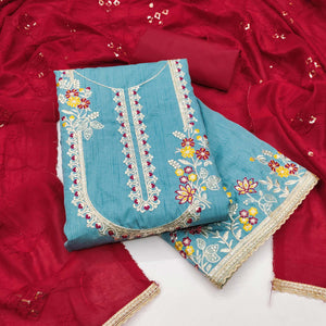 Blue Floral Sequins Embroidered Art Silk Dress Material