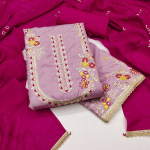 Pink Floral Sequins Embroidered Art Silk Dress Material