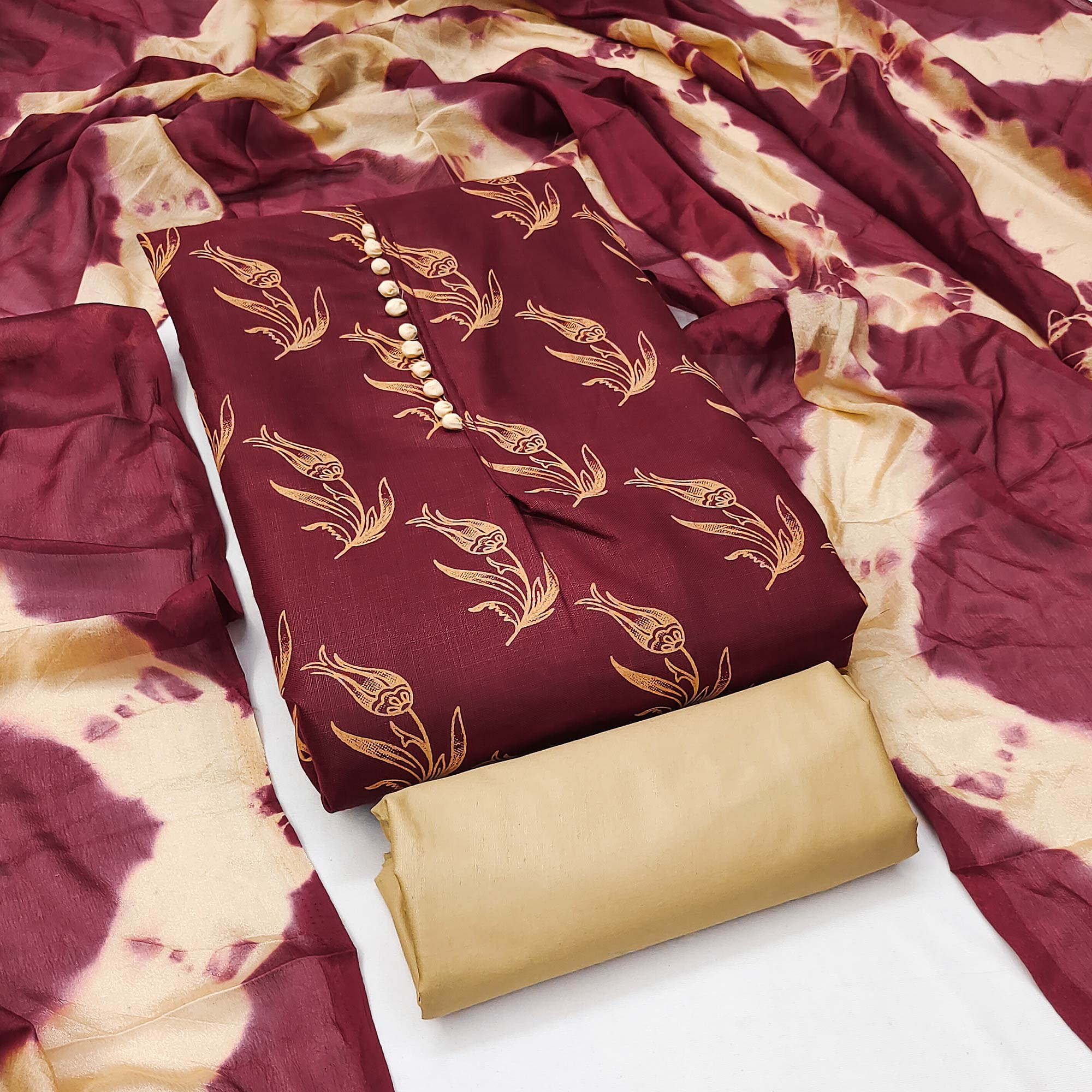 Maroon Floral Printed Slub Cotton Dress Material