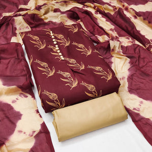 Maroon Floral Printed Slub Cotton Dress Material