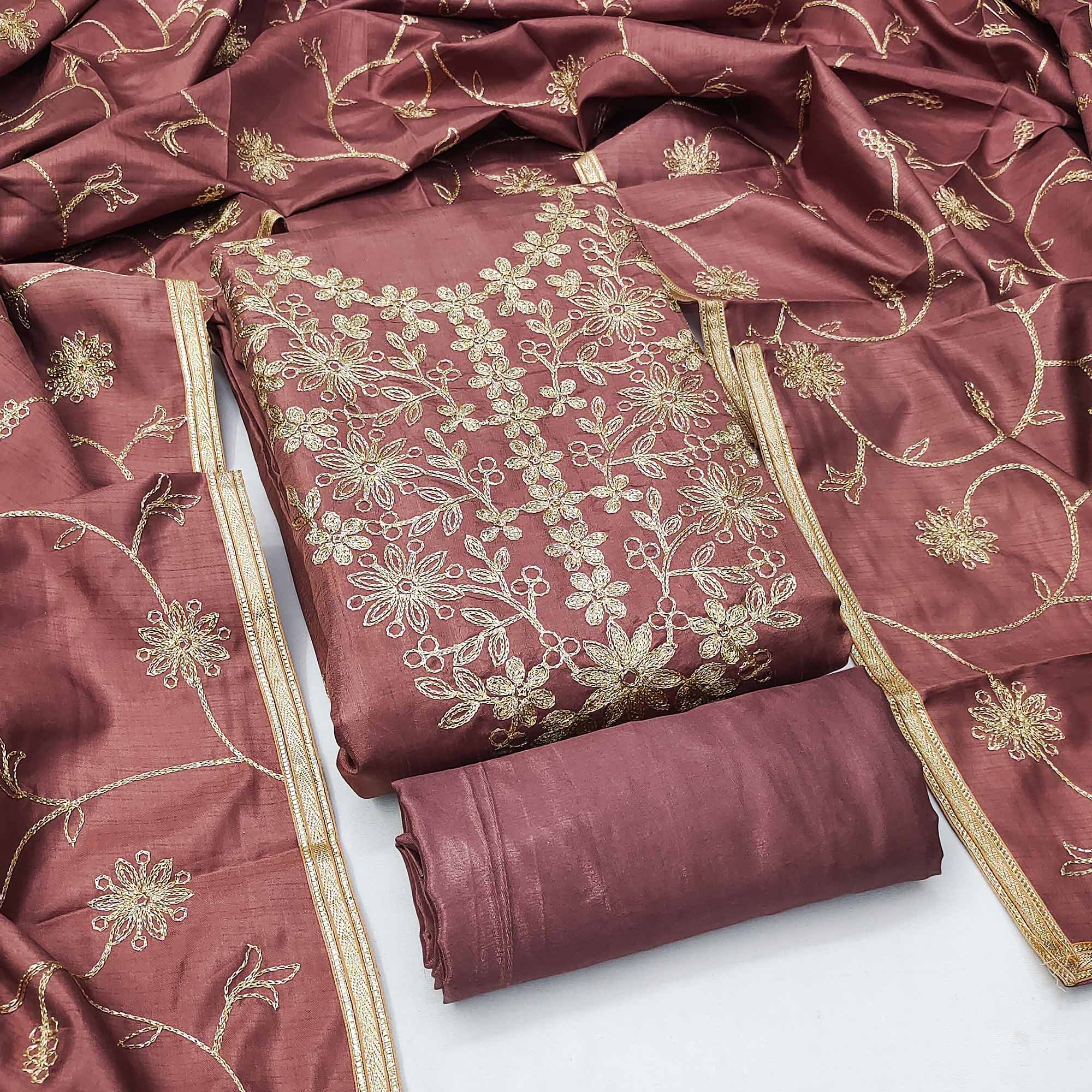 Dusty Rose Pink Floral Embroidered Art Silk Dress Material