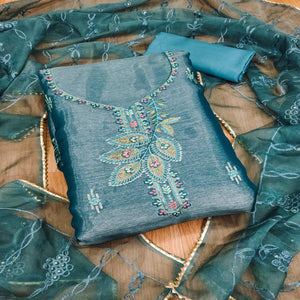 Blue Floral Sequins Embroidered Banarasi Silk Dress Material