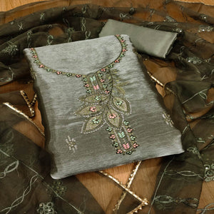 Green Floral Sequins Embroidered Banarasi Silk Dress Material