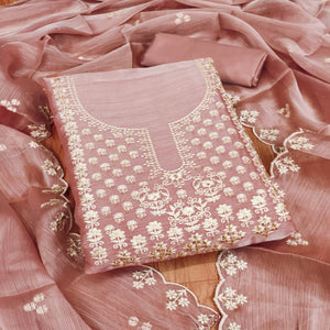 Dusty Rose Pink Floral Embroidered Burberry Zoya Silk Dress Material
