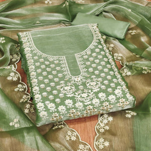 Green Floral Embroidered Burberry Zoya Silk Dress Material