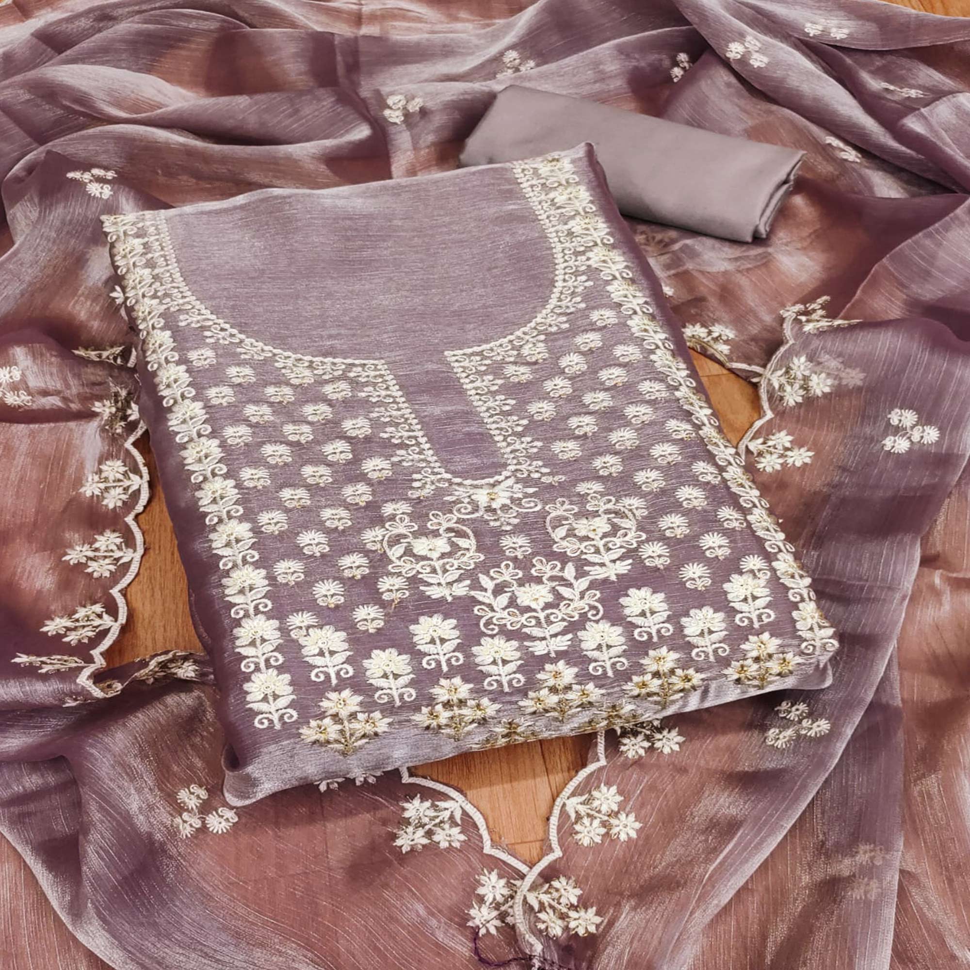 Purple Floral Embroidered Burberry Zoya Silk Dress Material