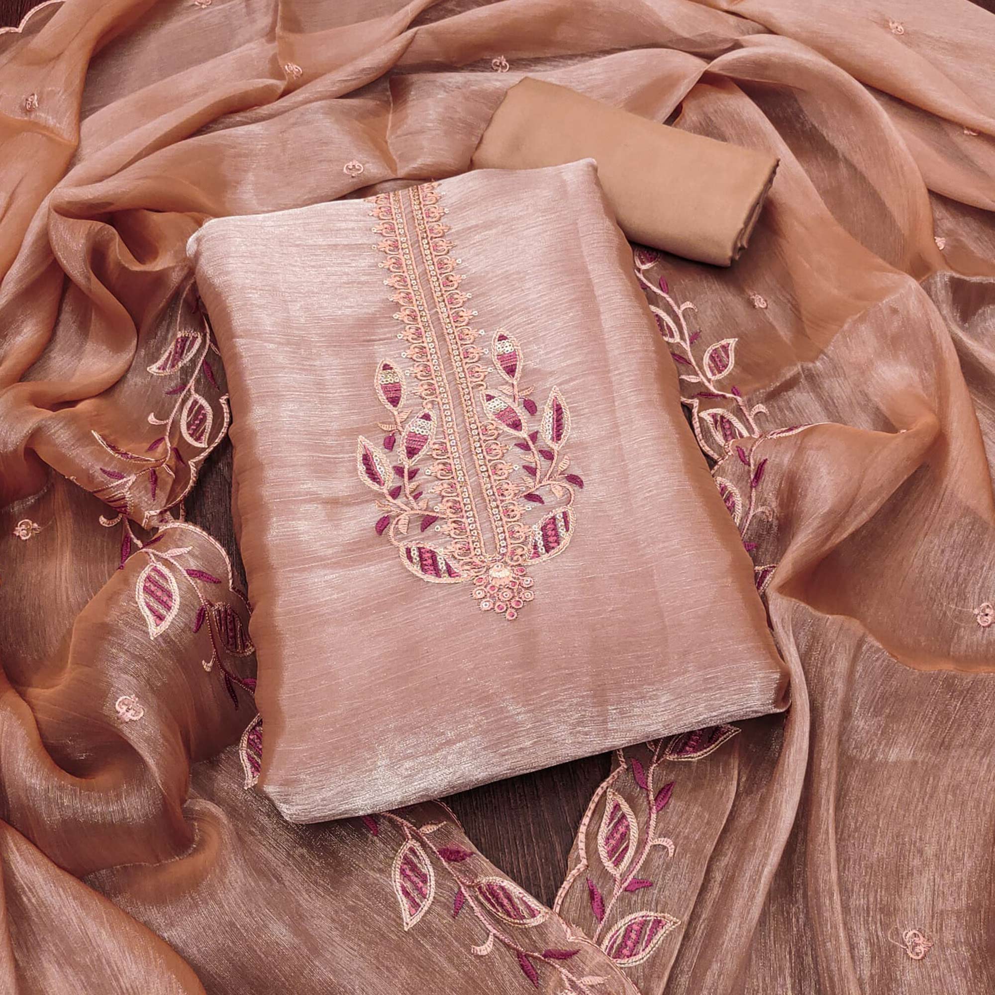 Dusty Peach Floral Sequins Embroidered Burberry Zoya Silk Dress Material