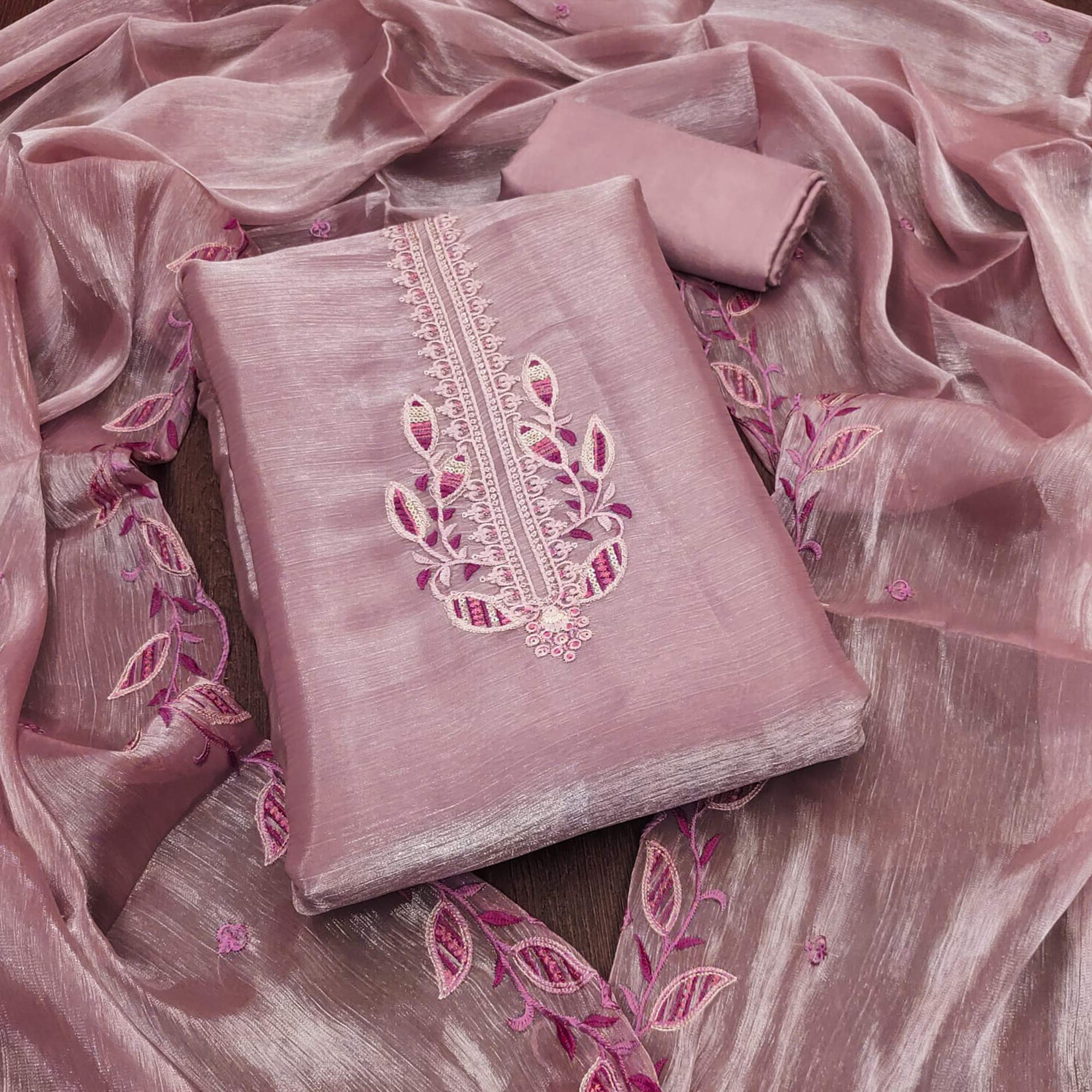 Onion Pink Floral Sequins Embroidered Burberry Zoya Silk Dress Material