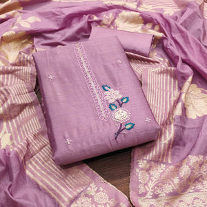 Lilac Purple Floral Embroidered Chinon Silk Dress Material