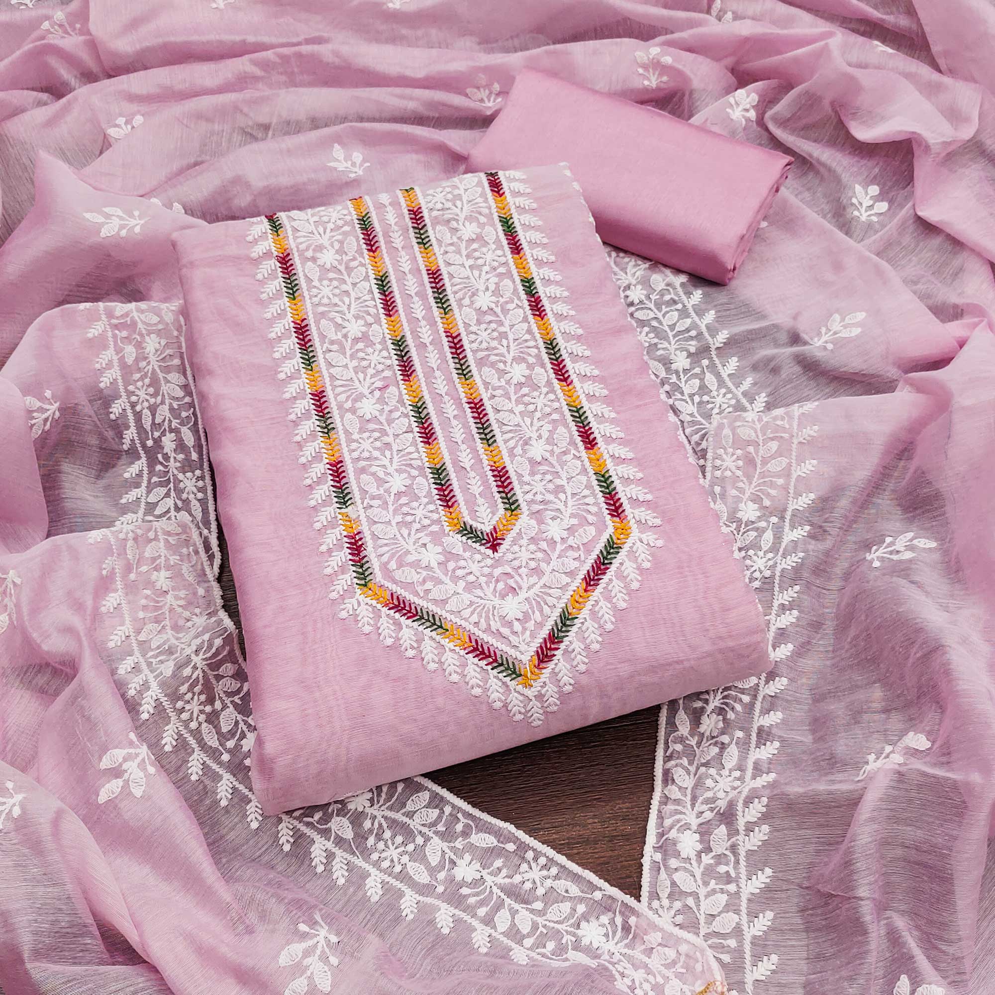 Pink Floral Embroidered Modal Chanderi Silk Dress Material