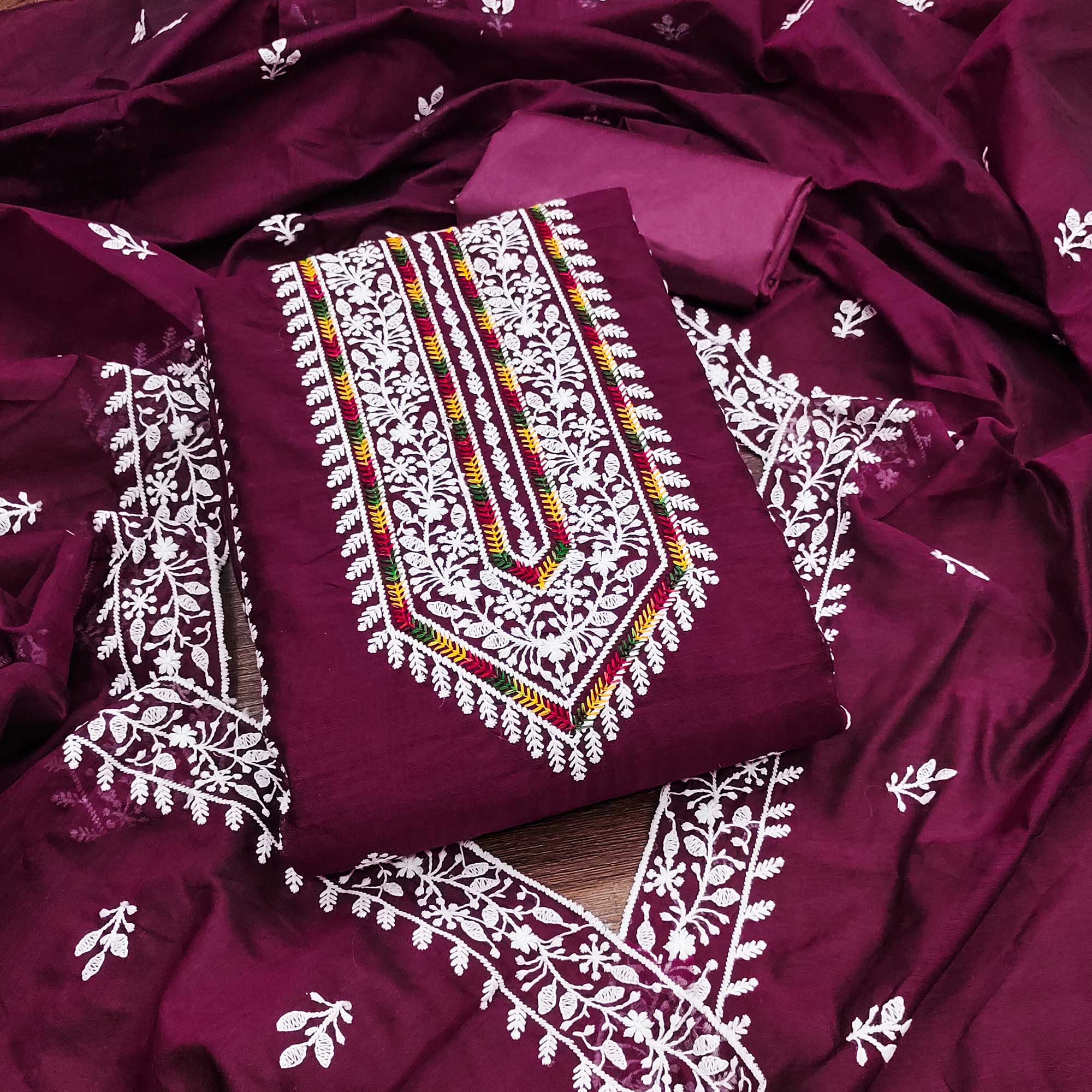 Wine Floral Embroidered Modal Chanderi Silk Dress Material