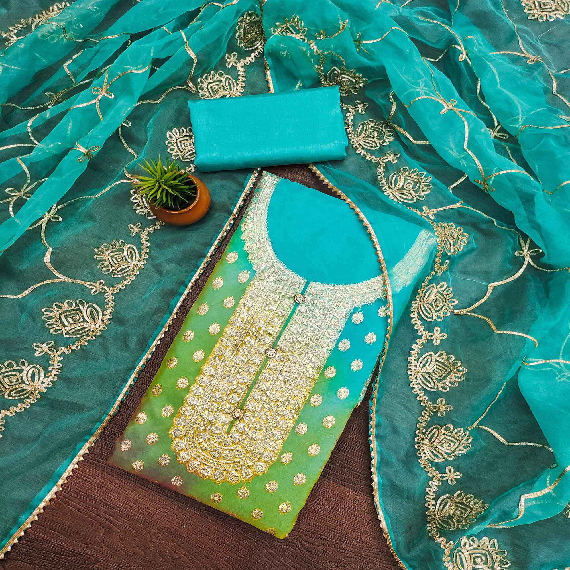 Turquoise Floral Woven Organza Jacquard Dress Material