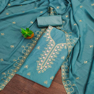 Blue Floral Embroidered Georgette Dress Material