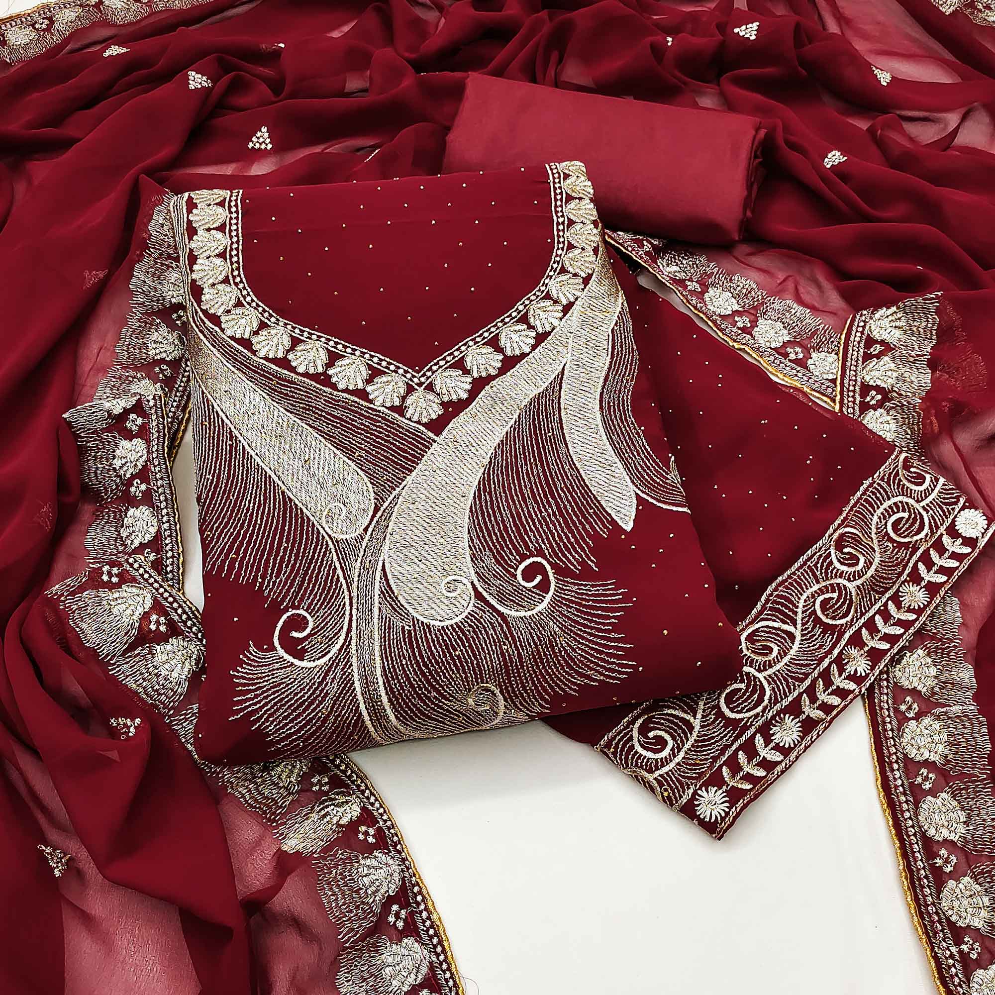 Maroon Embroidered With Swarovski Work Georgette Dress Material