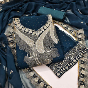 Morpich Blue Embroidered With Swarovski Work Georgette Dress Material