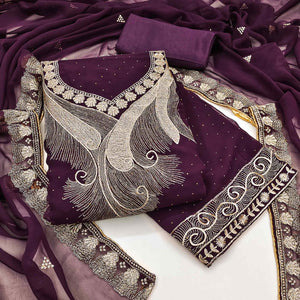 Wine Embroidered With Swarovski Work Georgette Dress Material