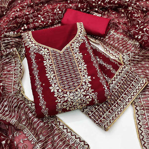 Maroon Floral Embroidered Georgette Dress Material